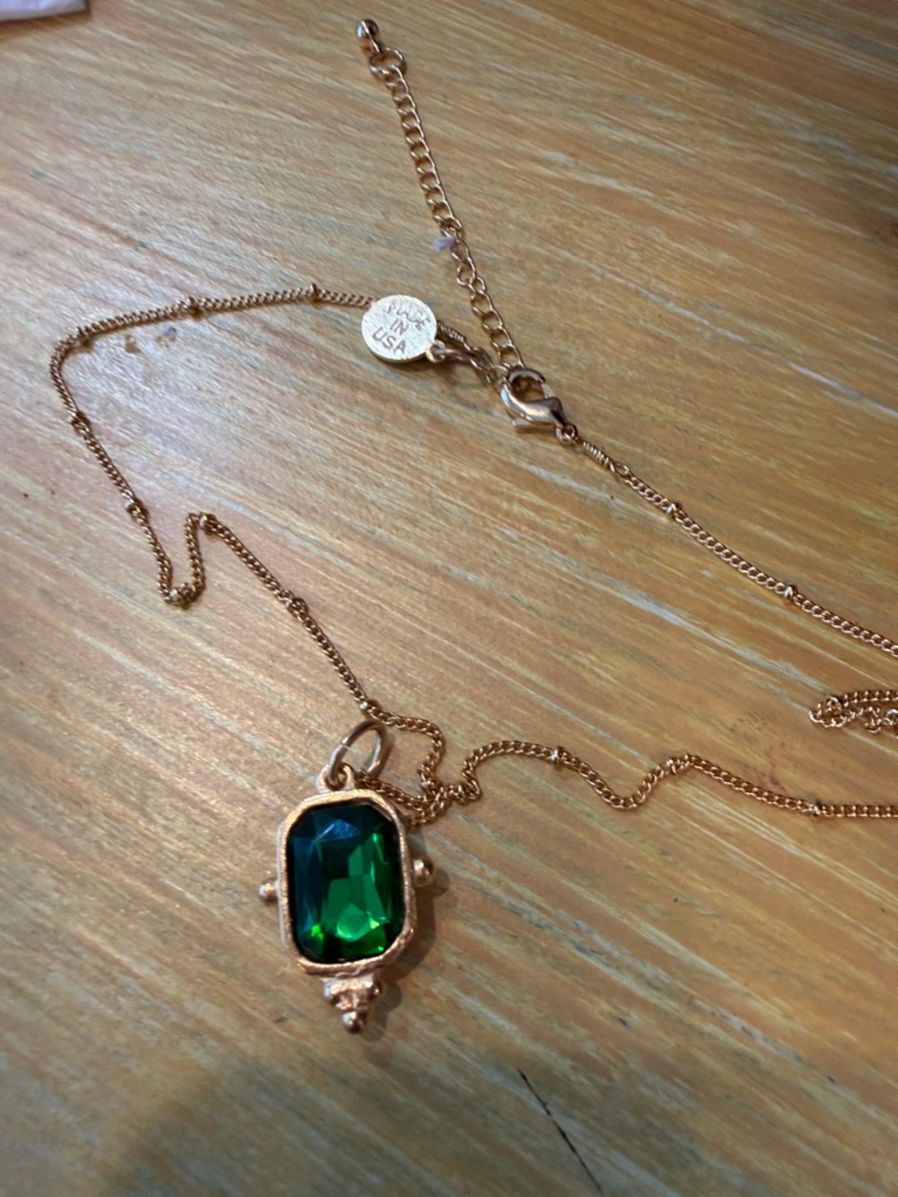 Gold Necklace with Green Gemstone Pendant by Susan Shaw - Picture 2 of 2